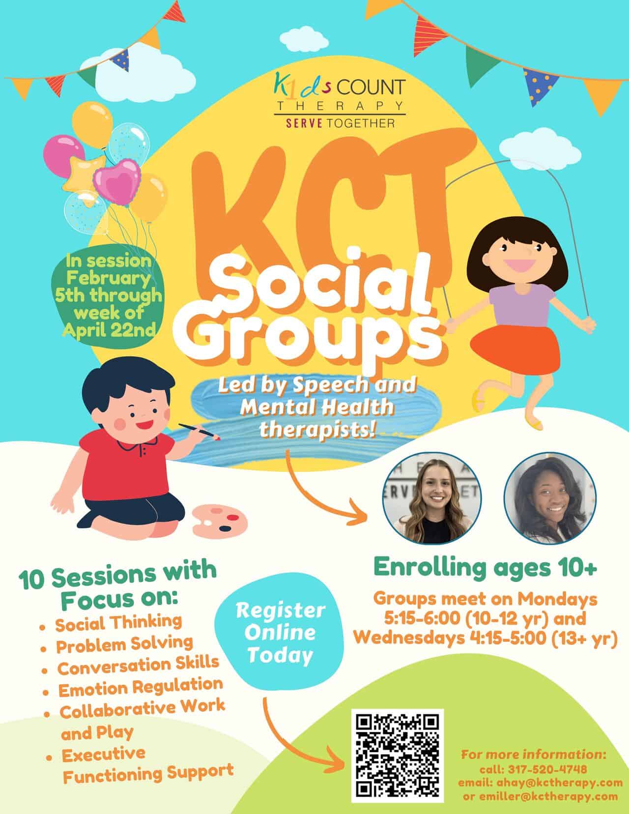 KCT Social Groups flyer: 10 sessions led by speech and mental health therapists, enrolling ages 10+