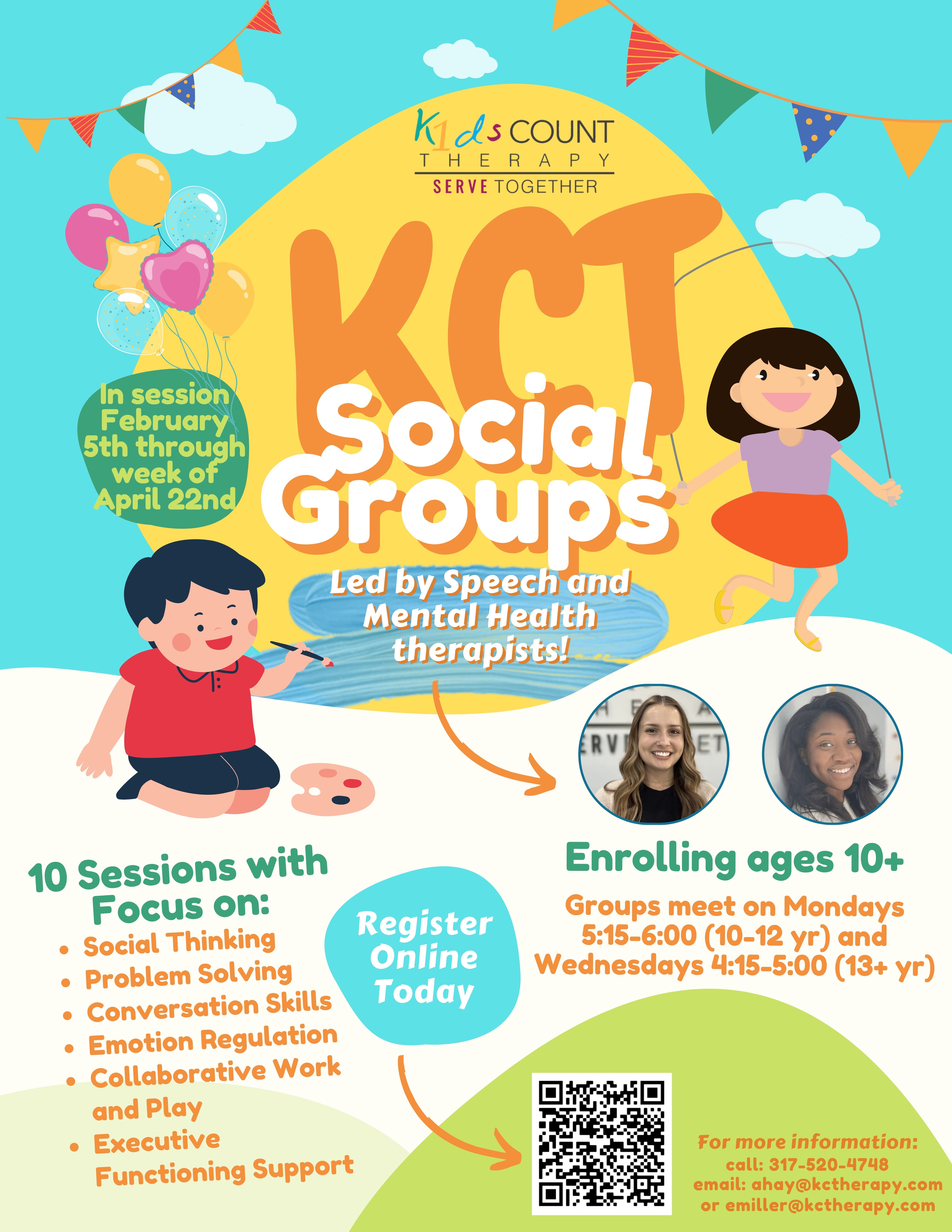 KCT Social Groups flyer: 10 sessions led by speech and mental health therapists, enrolling ages 10+